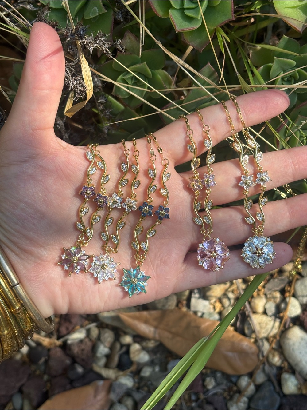 Gold Chain Necklace with Pink, Blue, White and Purple Crystal Flower Pendant